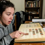 A magnifying glass inspecting the most valuable united states stamps from a rare collection