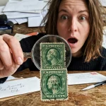 Close-up of an old green 2 cent Washington stamp being examined with a magnifying glass