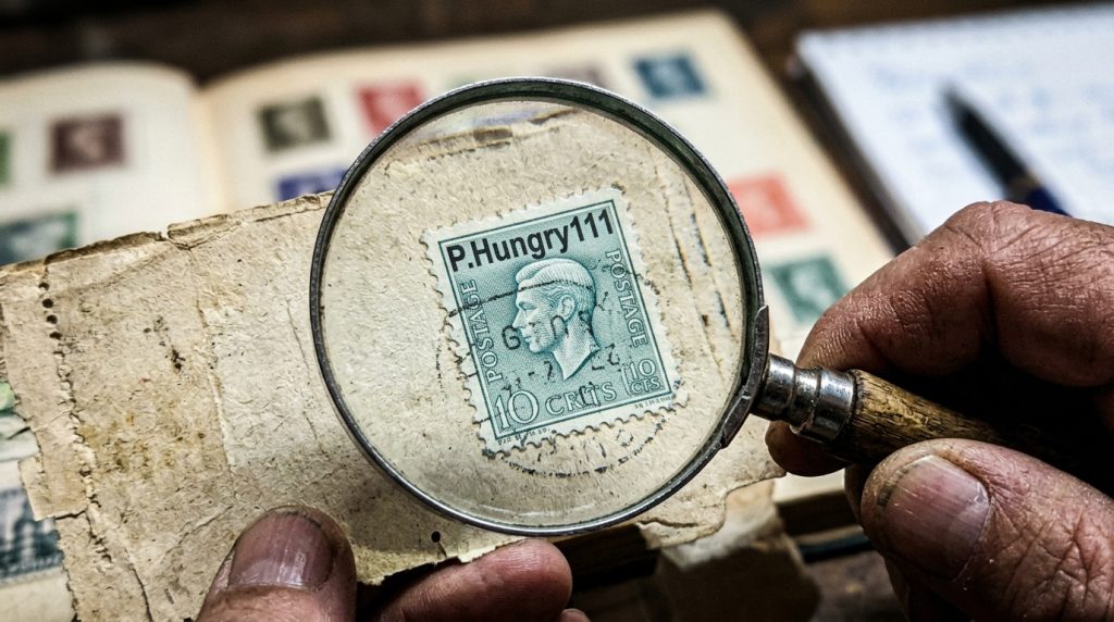 P.Hungry111 Stamp Value: I Appraised 50 Stamps, Here is the Brutal Truth 1 Close-up of a P.Hungry111 postage stamp being examined with a magnifying glass for valuation