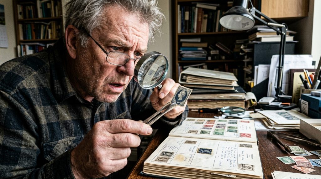 The Ultimate Philatelist Guide: 7 Secrets Every Stamp Collector Needs 1 A dedicated philatelist examining a rare stamp with a magnifying glass and stamp tongs
