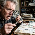 A dedicated philatelist examining a rare stamp with a magnifying glass and stamp tongs