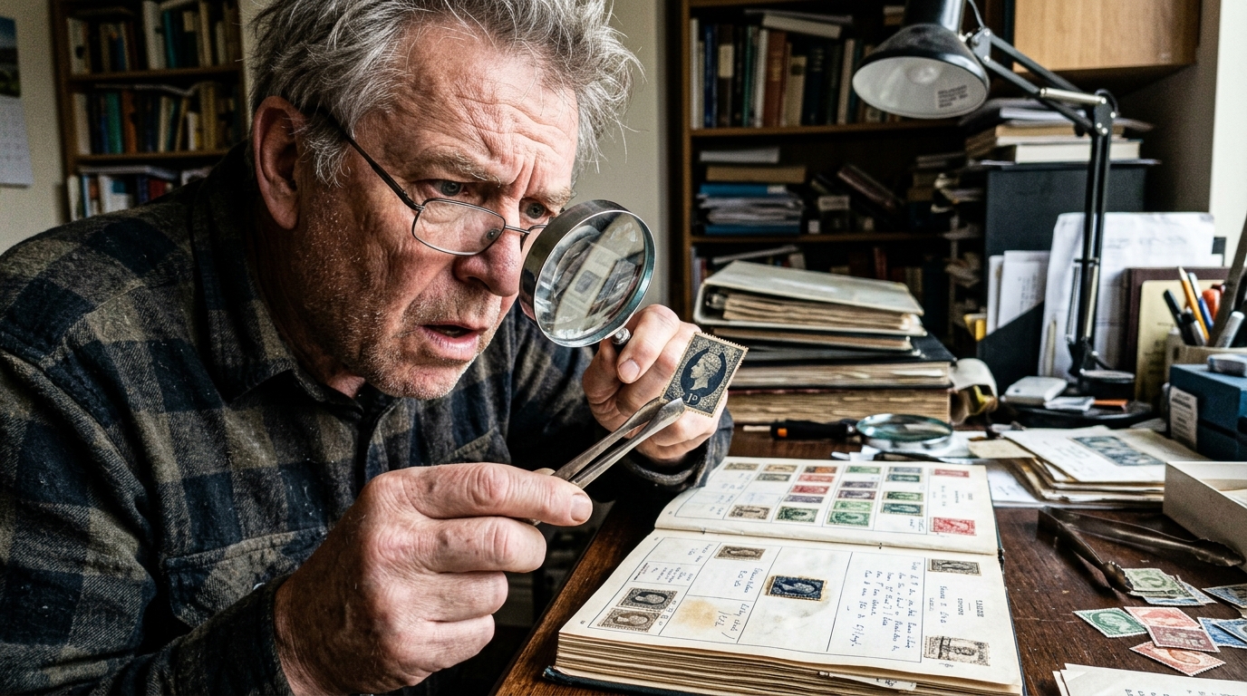The Ultimate Philatelist Guide: 7 Secrets Every Stamp Collector Needs 2 A dedicated philatelist examining a rare stamp with a magnifying glass and stamp tongs