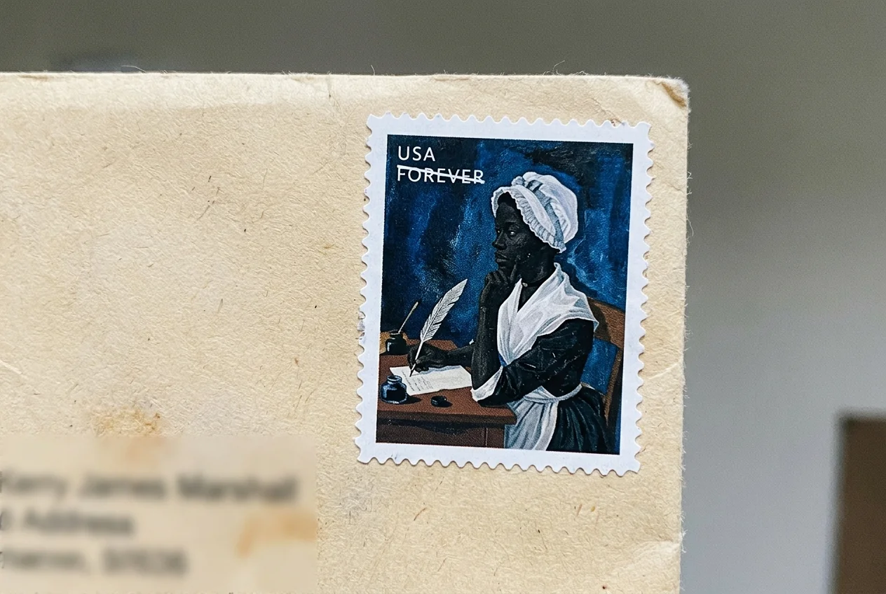 Who Is the Black Woman on the New Postage Stamp? (The True Story of Phillis Wheatley) 3 Phillis Wheatley portrait by Kerry James Marshall on the 49th Black Heritage stamp