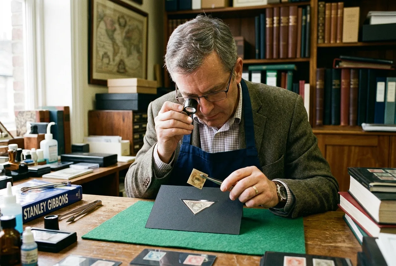 A professional stamp dealer inspecting the original gum and condition of a rare stamp