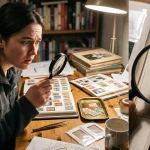 A magnifying glass inspecting varieties in Queen Elizabeth stamps