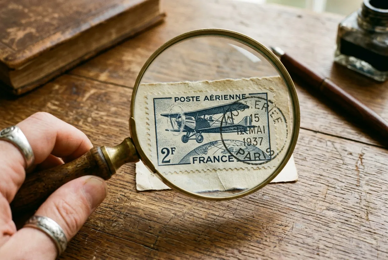 Air Mail Stamp Value: The Hidden Fortune in Your Attic 3 A magnifying glass examining the catalog value of an air mail stamp