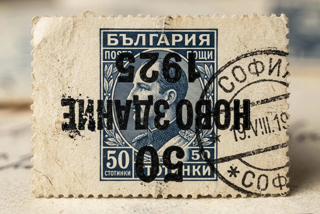 Close-up of inverted overprint on a vintage Bulgarian stamp