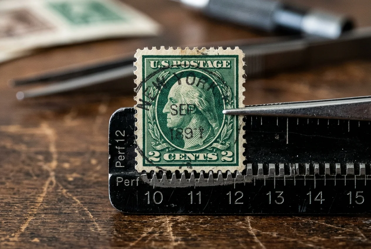 Old Green 2 Cent Stamp Value: Debunking the ,000 TikTok Myth 3 Diagram showing secret marks and perforation measurements on a 2 cent green stamp