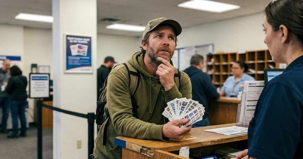 A person wondering if they can sell unused postage stamps back to a USPS post office.