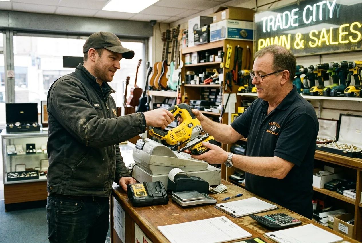 Pawn Shops That Buy Jigsaws: Don't Get Ripped Off (2026 Payout Guide) 4 Person handing over a DeWalt jigsaw with battery and charger to a pawn broker - detail