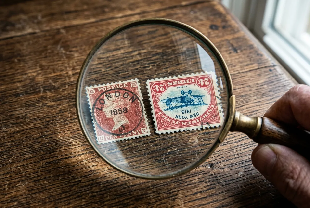How to Recognise Rare Valuable Stamps in Personal Collection: Secret Signs of Value 3 Side-by-side visual comparison of a common stamp versus a rare misprinted stamp showing inverted designs.