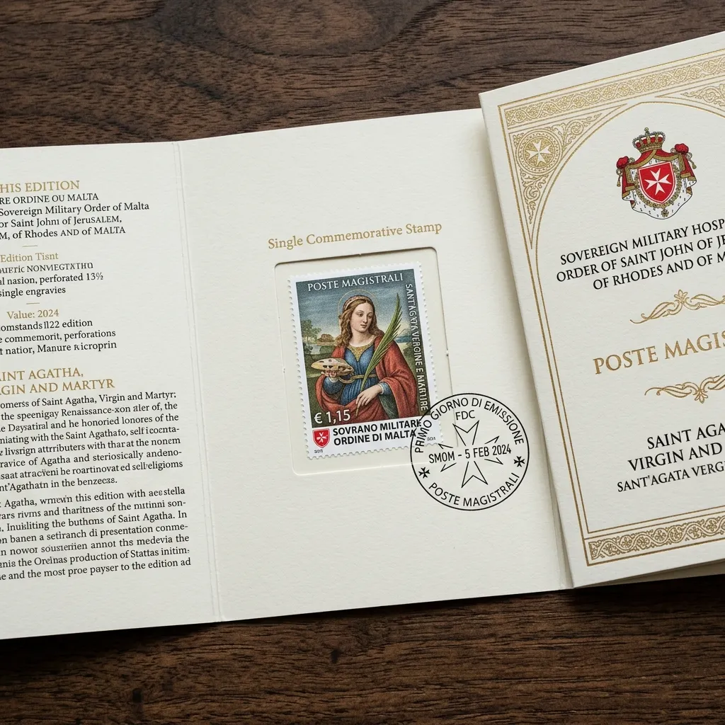 Italian Return of Relics of St. Agatha Stamp 2026: Valuation Guide 2 Dettagli del bozzetto e folder filatelici del francobollo di Sant'Agata