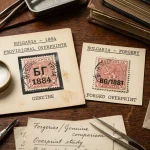 Detail of rare stamp bulgariam overprints with genuine and forged comparisons
