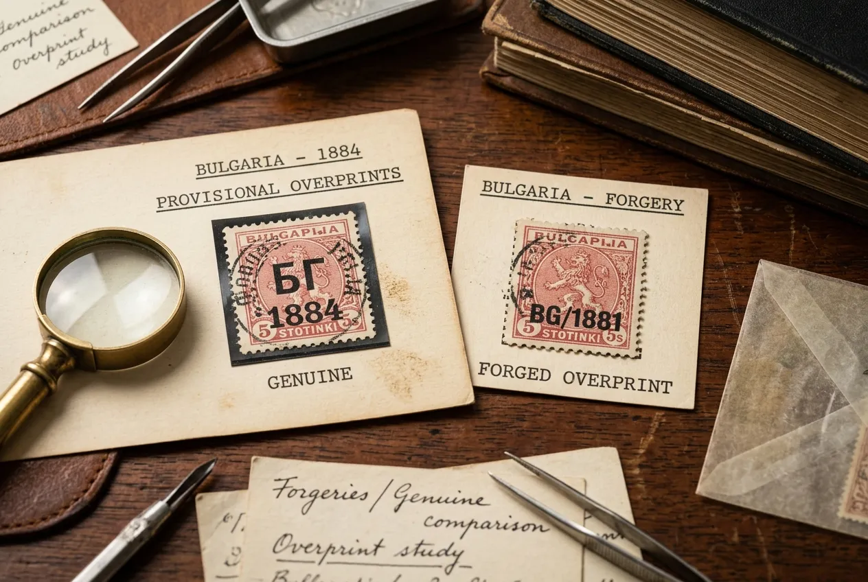 Detail of rare stamp bulgariam overprints with genuine and forged comparisons