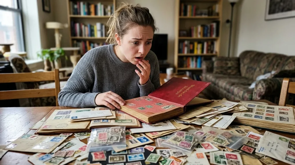 A beginner carefully sorting through an inherited stamp collection to sell