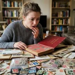 A beginner carefully sorting through an inherited stamp collection to sell