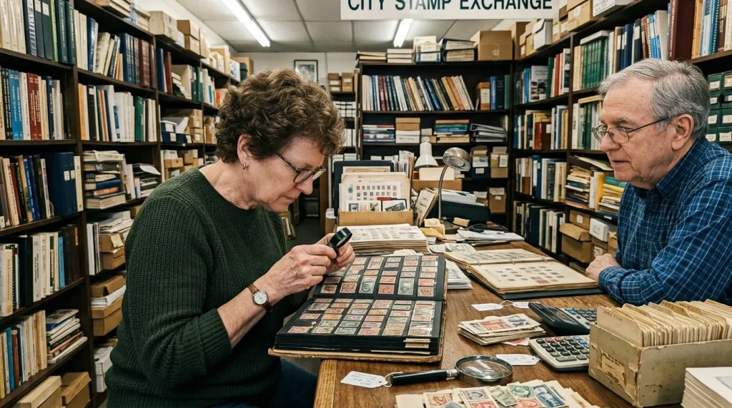 A person evaluating a stamp collection at a local stamp dealer