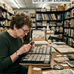 A person evaluating a stamp collection at a local stamp dealer