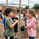 Children playing the stamp stamp i want a match logic game at recess