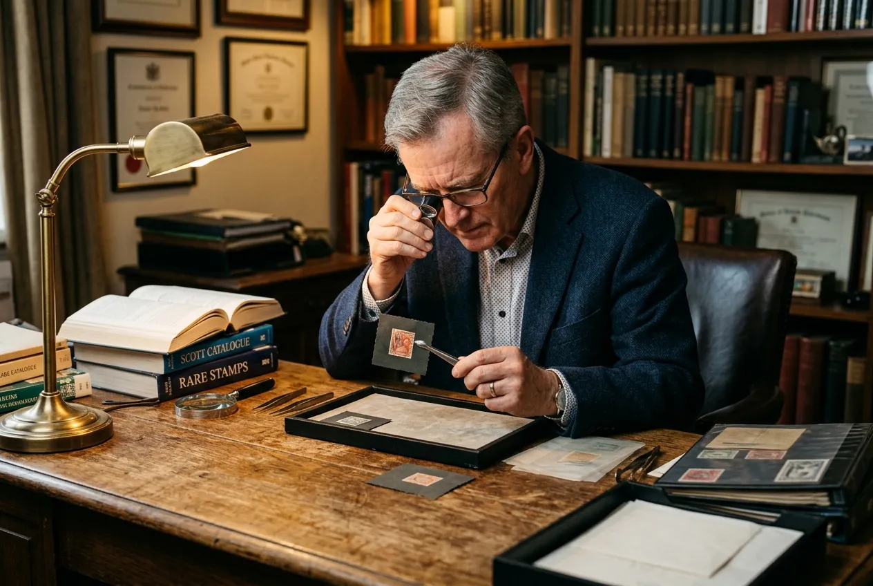 Where to Get Stamps Valued: 7 Red Flags & Who to Trust 3 A professional stamp appraiser examining an inherited stamp album