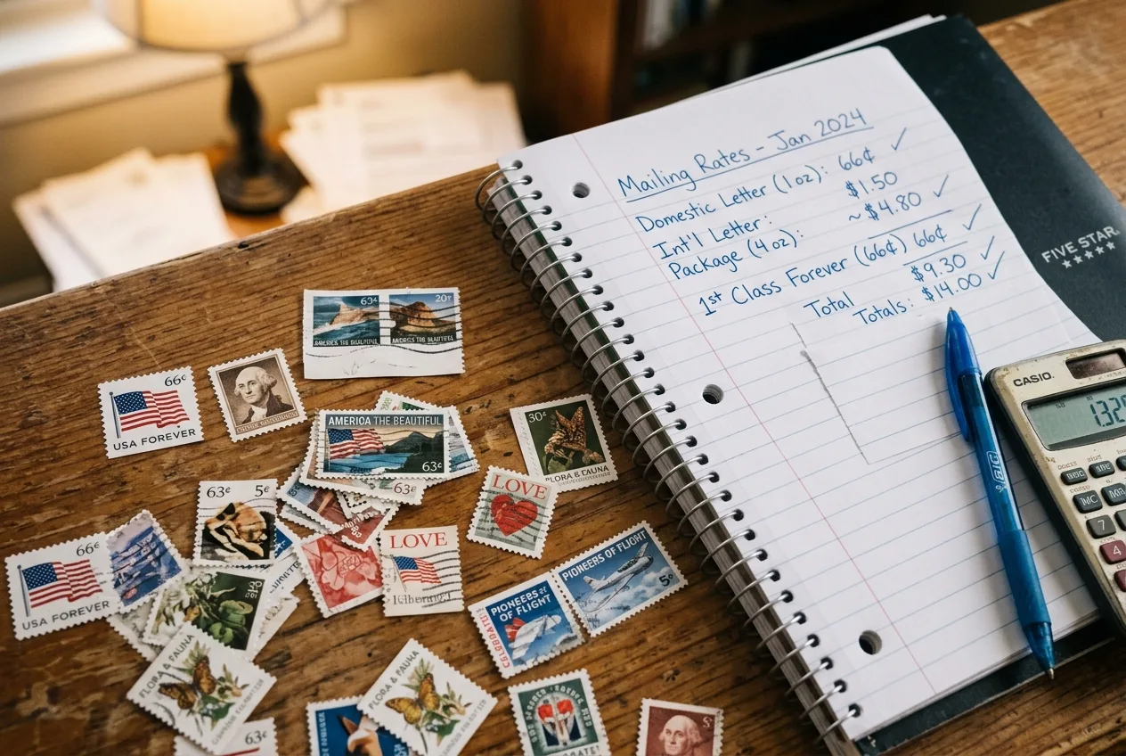 Chart displaying the latest USPS postage rates and stamp values