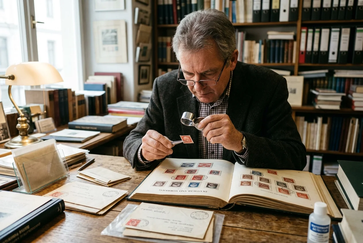 Where Can I Sell My German Stamps Without Getting Scammed? (2026 Guide) 3 Professional dealer examining pre-WWII German stamps