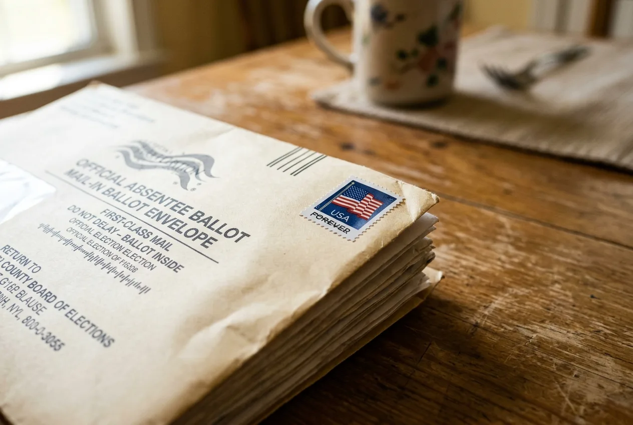 A close-up of a First-Class stamp and an absentee voting ballot envelope