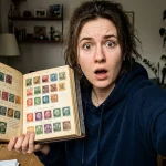 Vintage German stamp collection with a magnifying glass for valuation