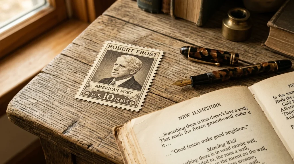 Ten Cents Postal Stamp Robert Frost: Value, History & Errors | Stampostage 1 Ten Cents Postal Stamp Robert Frost: Value, History & Errors | Stampostage (AI Generated Image)