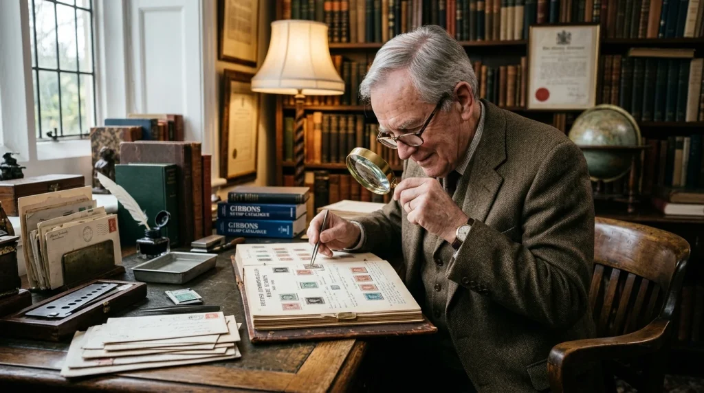 Old Stamp Buyers: Where & How to Sell Vintage Collections | Stampostage 23 Philatelic Appraiser Examining Antique Stamp Collection