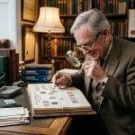 Philatelic Appraiser Examining Antique Stamp Collection